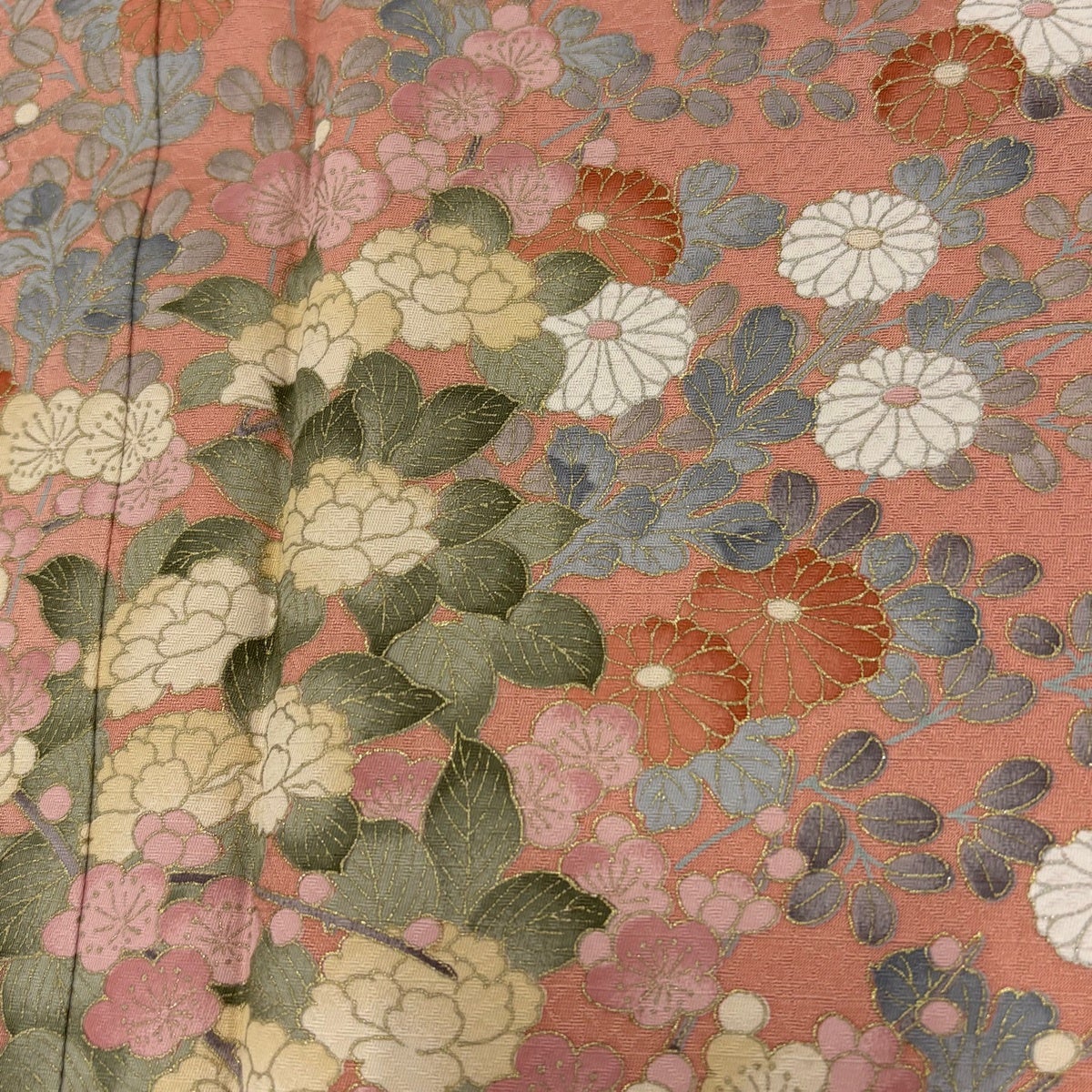 美品】 訪問着 身丈160cm 裄丈66cm M 袷 菊 草花 金彩 ぼかし サーモン