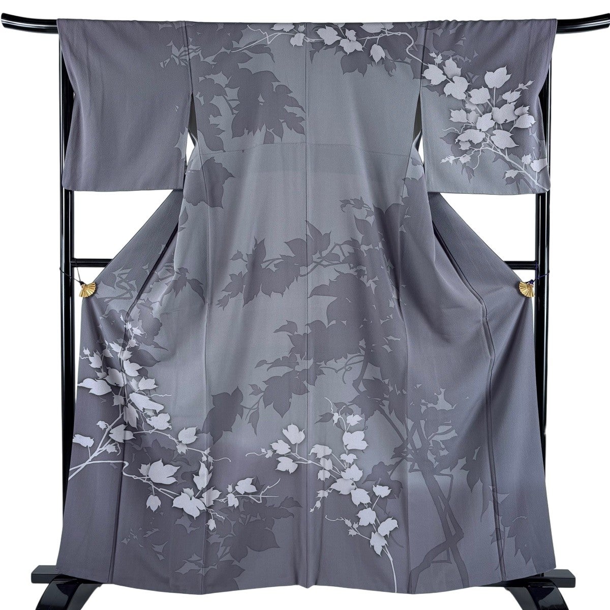専用:友禅シダ・アイビー葉っぱのシルエット柄袷着物　正絹　着丈１６２裄丈６７ 美品】 訪問着 身丈160cm 裄丈68cm L 袷 葉柄 シルエット ぼかし 灰色