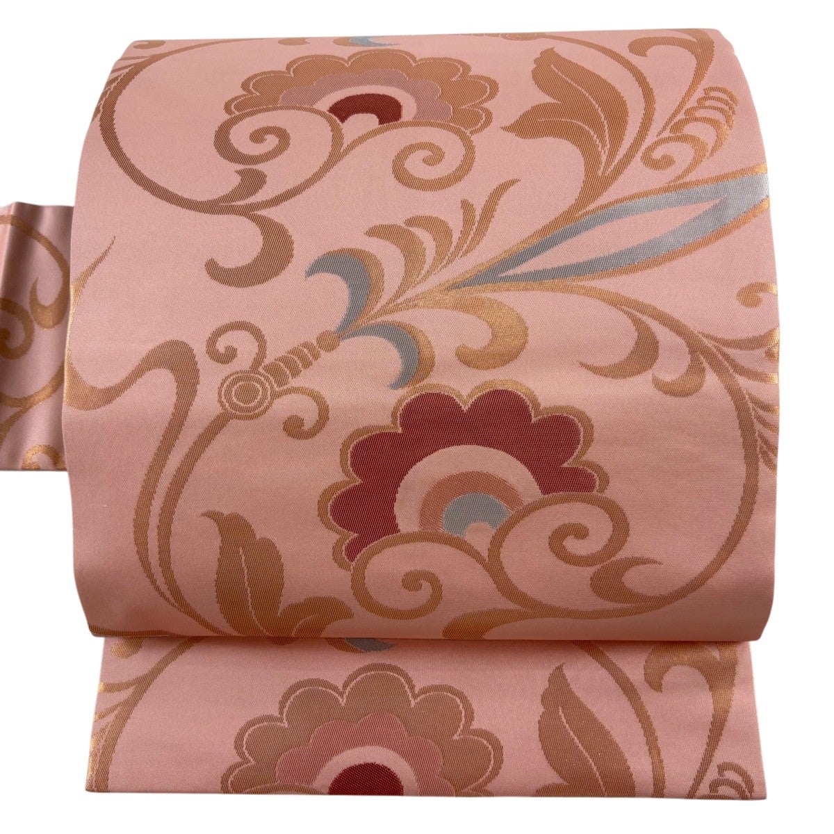 美品】 名古屋帯 秀品 花唐草 蝶 銀通し 金糸 ピンク 正絹｜中古・古着