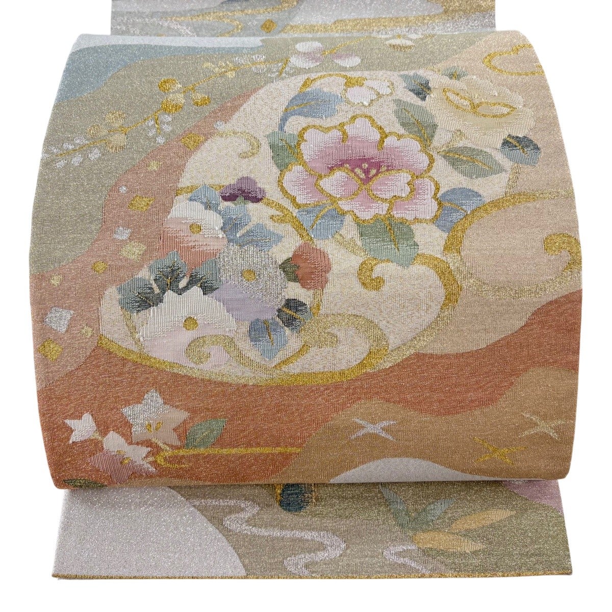 美品】 袋帯 秀品 枝花 霞 金銀糸 灰色 お太鼓柄 正絹｜中古・古着