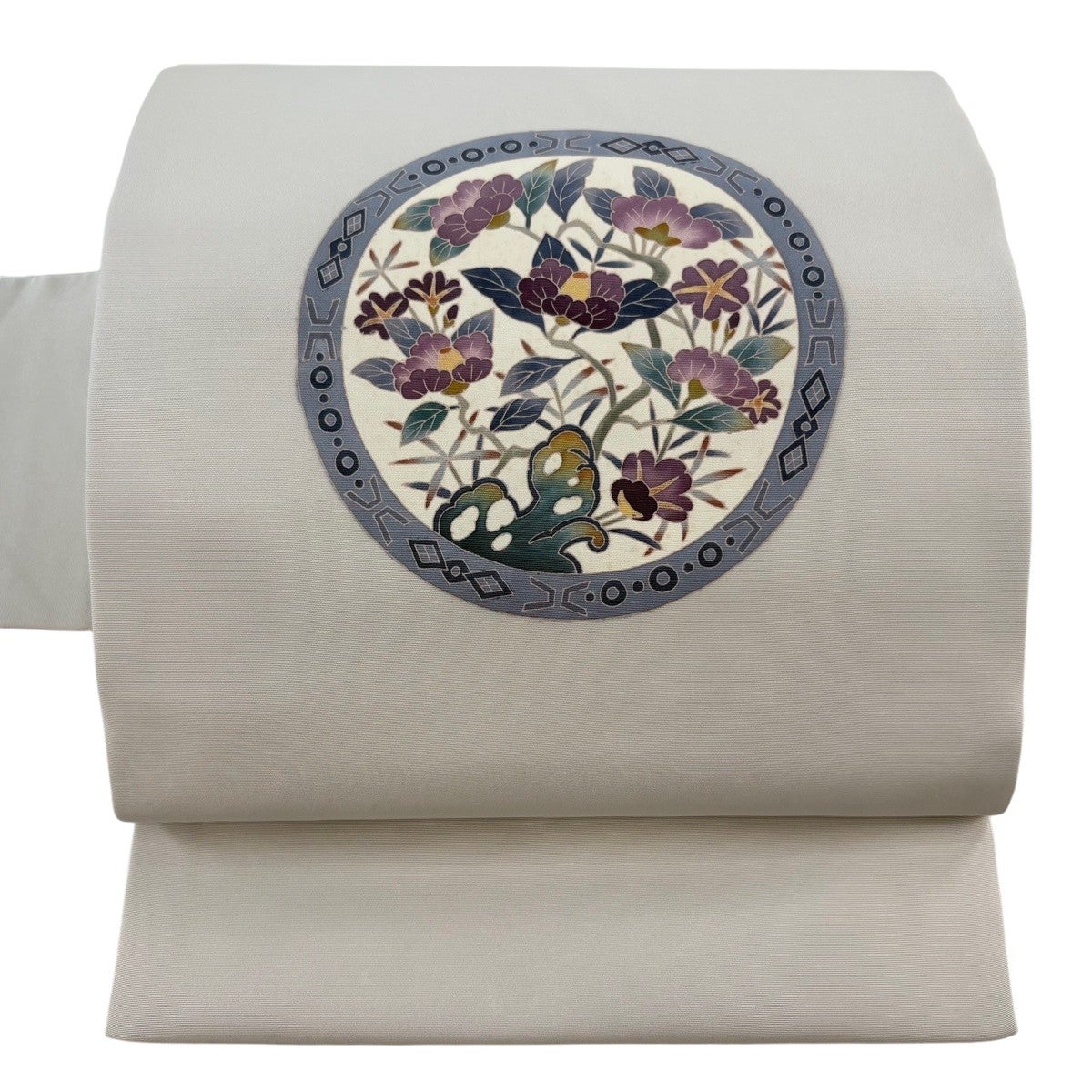 美品】 名古屋帯 秀品 落款あり 丸文 草花 灰色 正絹｜中古・古着