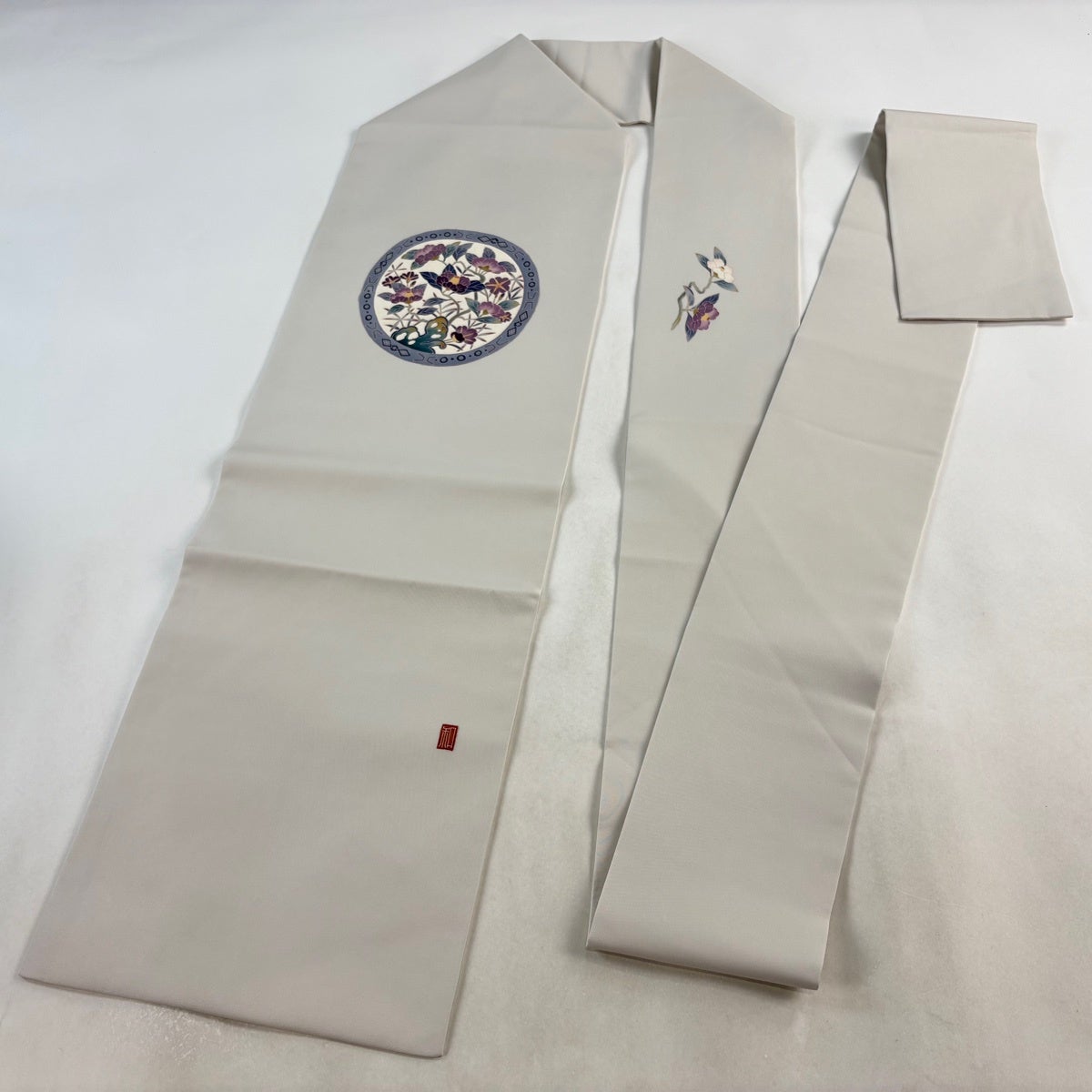 美品】 名古屋帯 秀品 落款あり 丸文 草花 灰色 正絹｜中古・古着