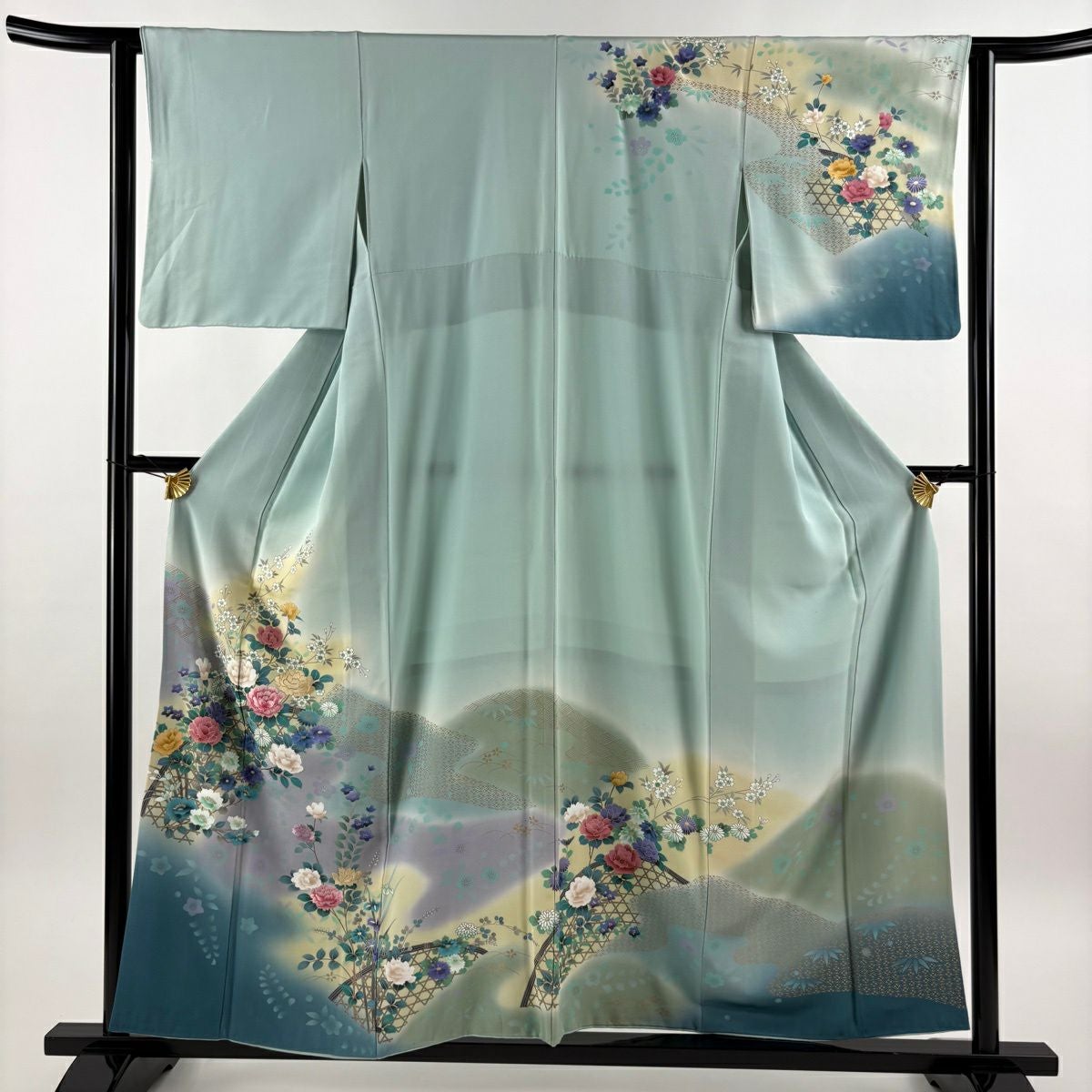 訪問着 身丈159cm 裄丈62.5cm S 袷 扇面 草花 刺繍 金彩 茶色 正絹 秀