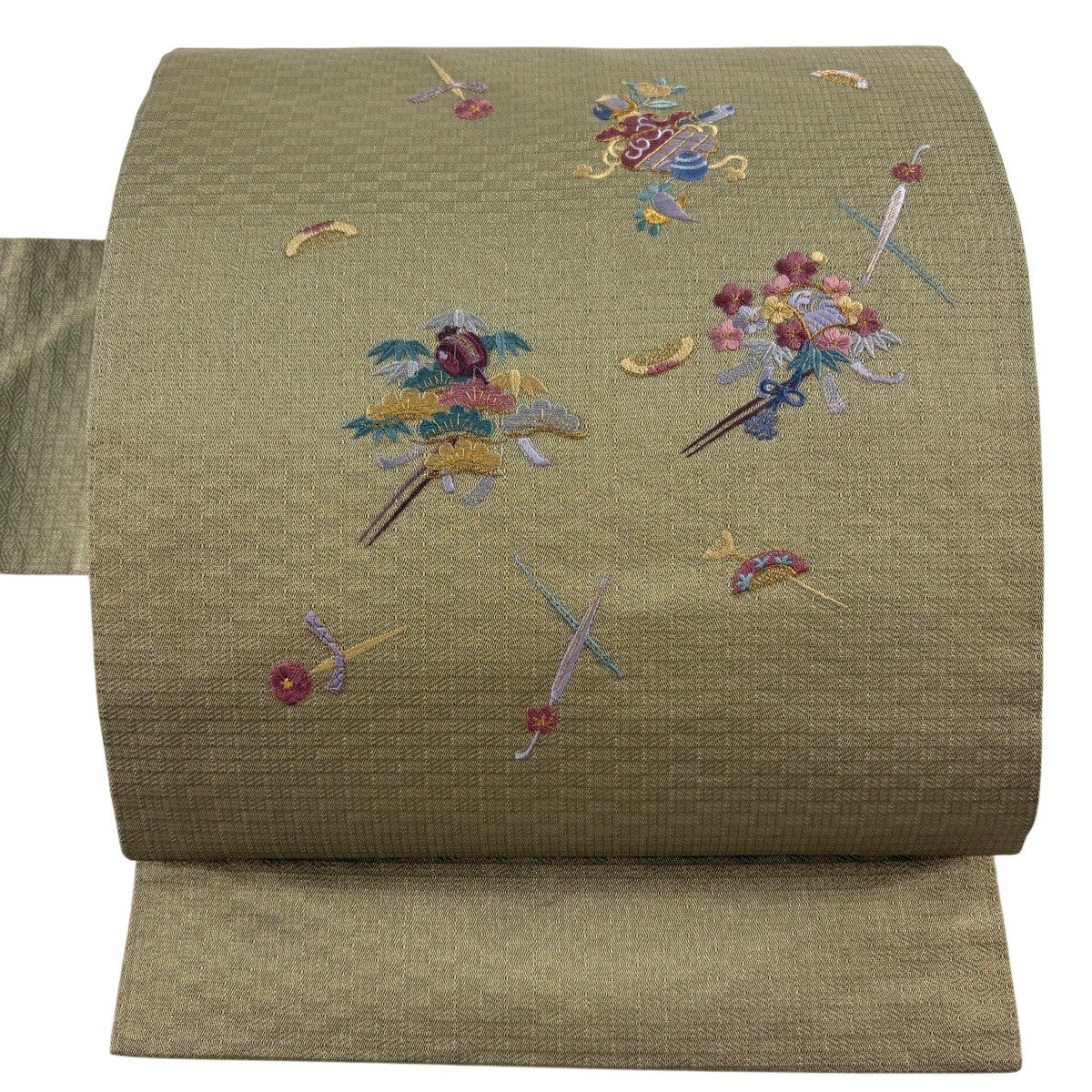 美品】 名古屋帯 秀品 簪 宝尽くし 刺繍 金糸 茶緑色 正絹｜中古・古着
