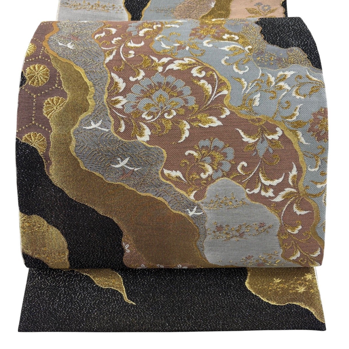 美品】 袋帯 秀品 花唐草 道長取 銀通し 箔 黒 お太鼓柄 正絹｜中古
