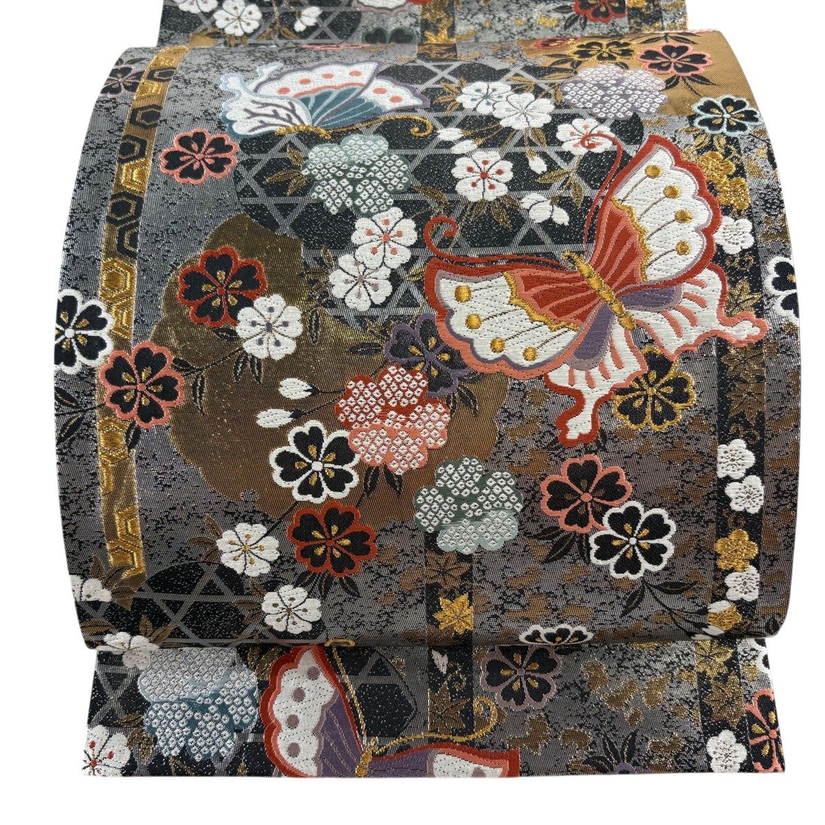 美品】 袋帯 秀品 振袖向き 蝶 桜 箔 金糸 黒 六通 正絹｜中古・古着