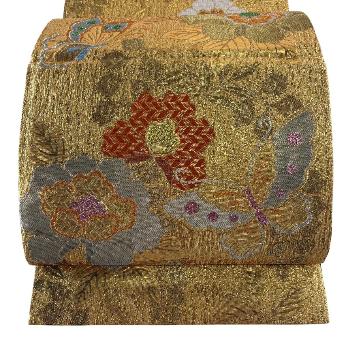袋帯　全通　唐織　牡丹　花模様　蝶　金糸　着物　094b p 美品】 袋帯 秀品 振袖向き 蝶 牡丹 箔 金銀糸 金色 六通 正絹｜中古
