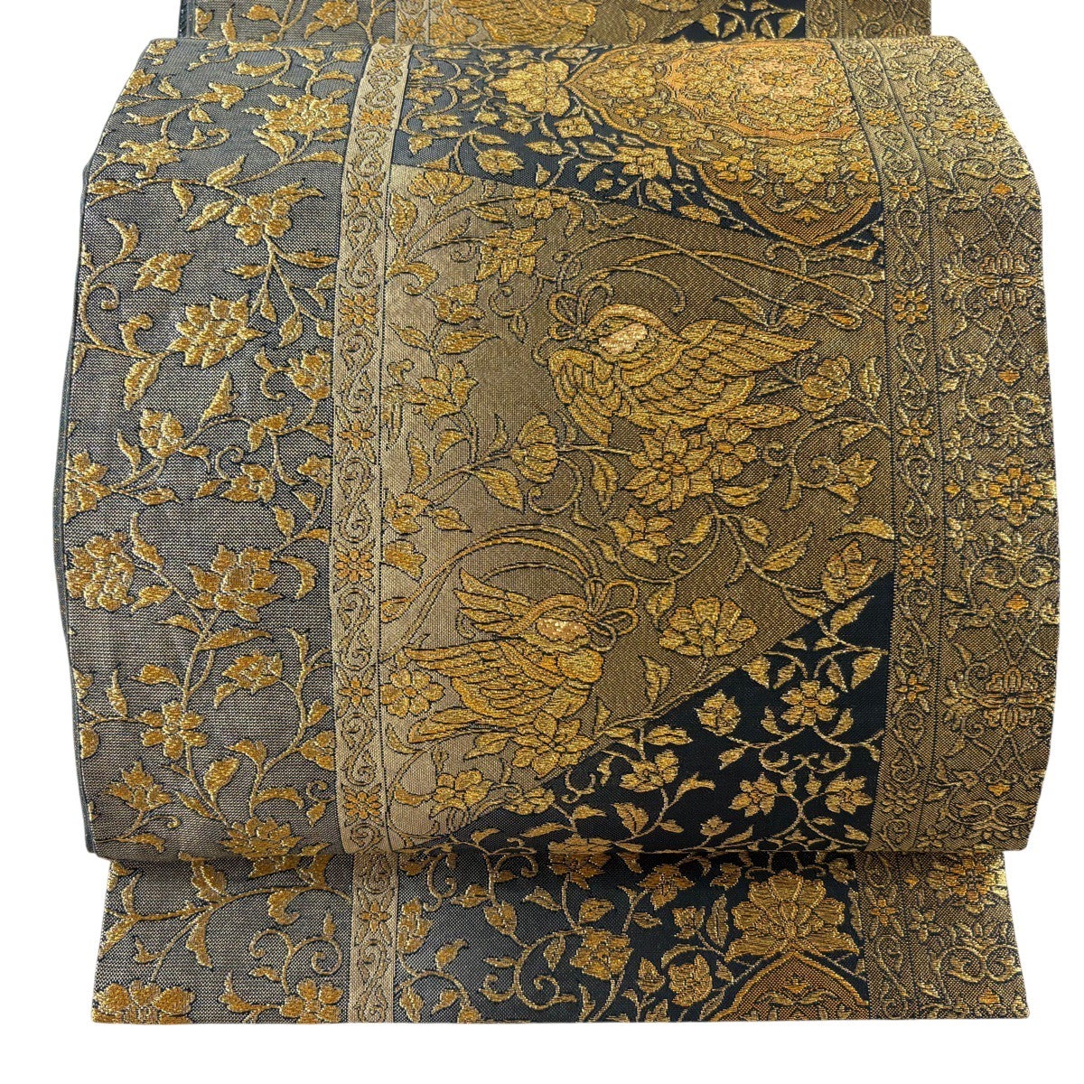美品】 袋帯 秀品 華文 花鳥 箔 金糸 黒灰 六通 正絹｜中古・古着