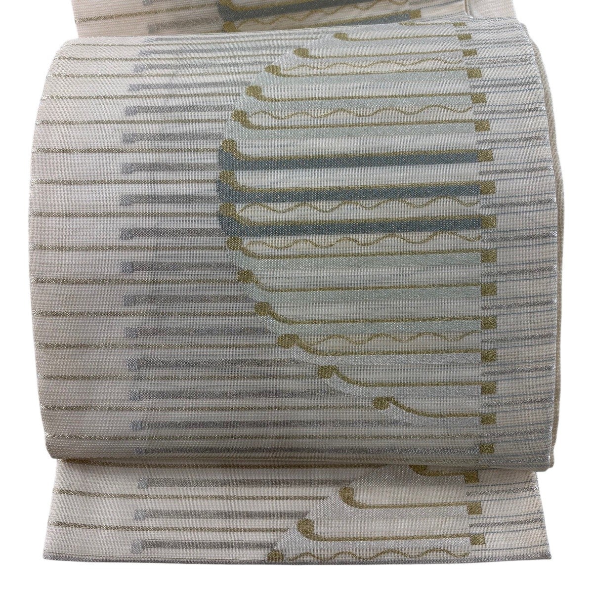 美品】 袋帯 秀品 夏帯 絽 縞 幾何学模様 金銀糸 箔 クリーム 六通