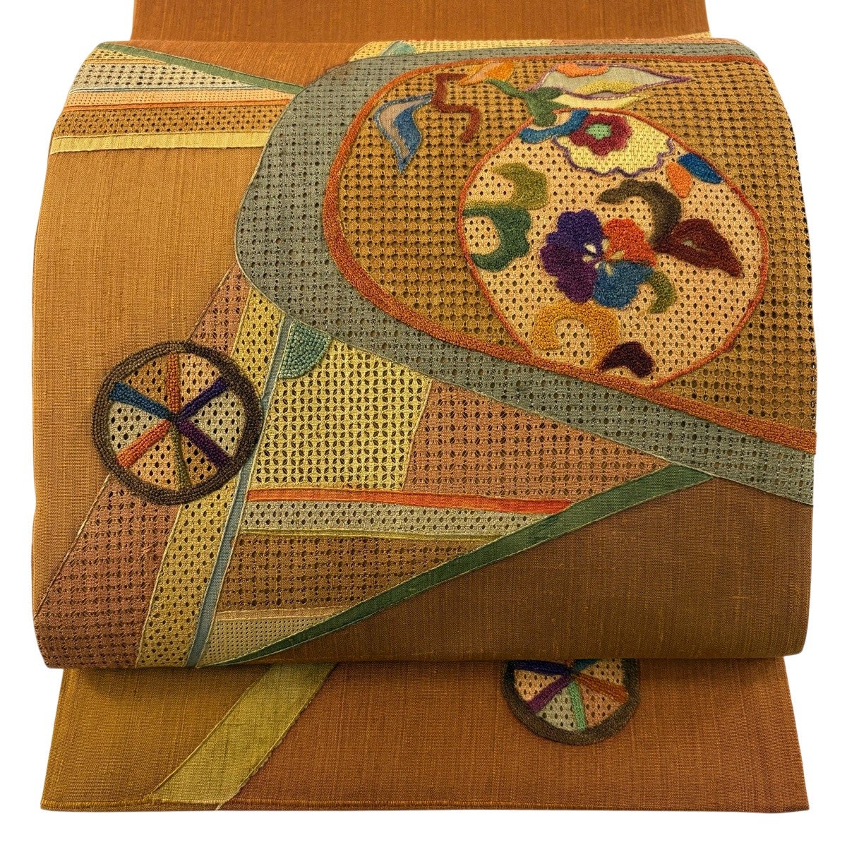 美品】 袋帯 秀品 紬地 関西仕立て 草花 幾何学模様 刺繍 山吹茶色