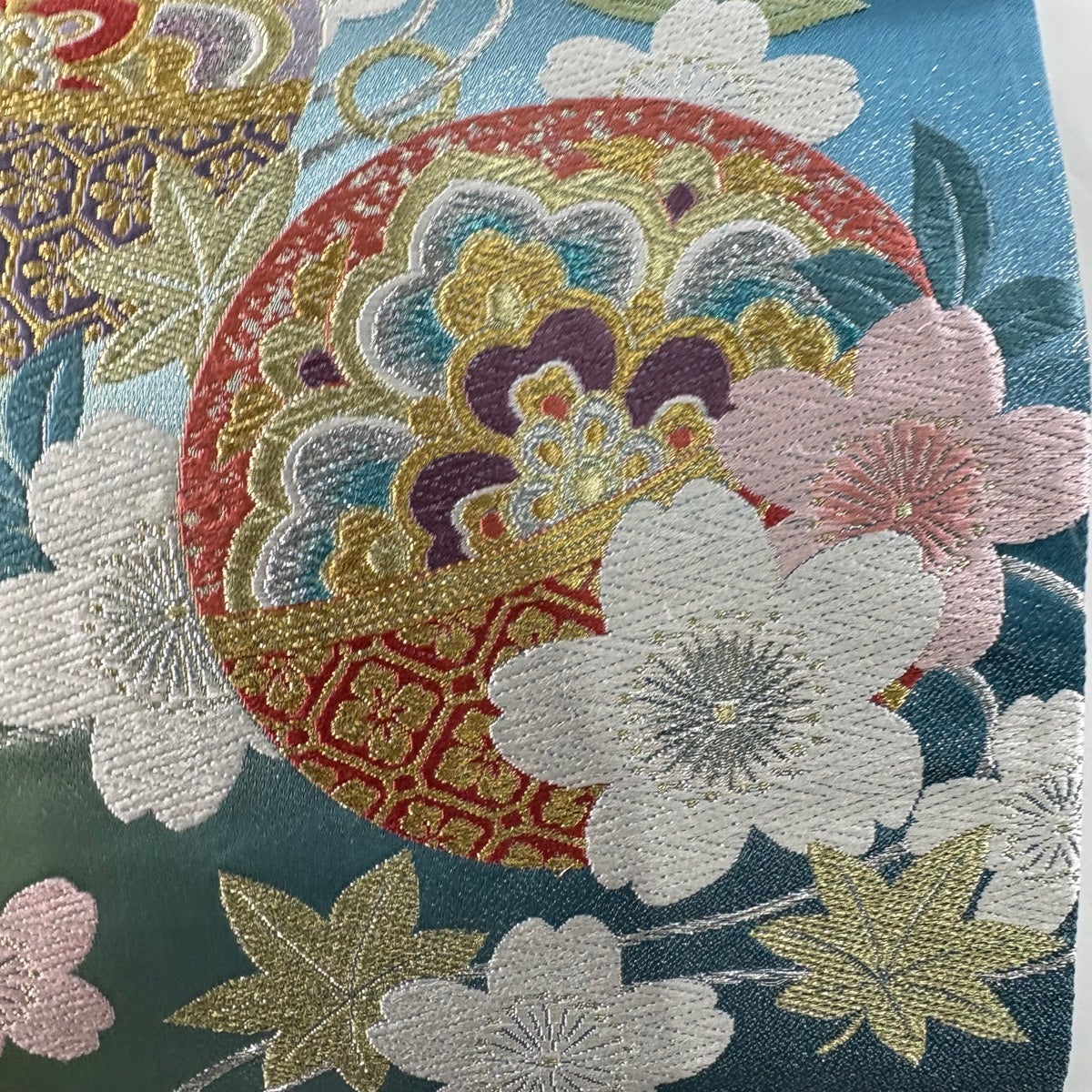 袋帯 秀品 鈴 桜 金銀糸 箔 青緑 六通 正絹｜中古・古着・リサイクル