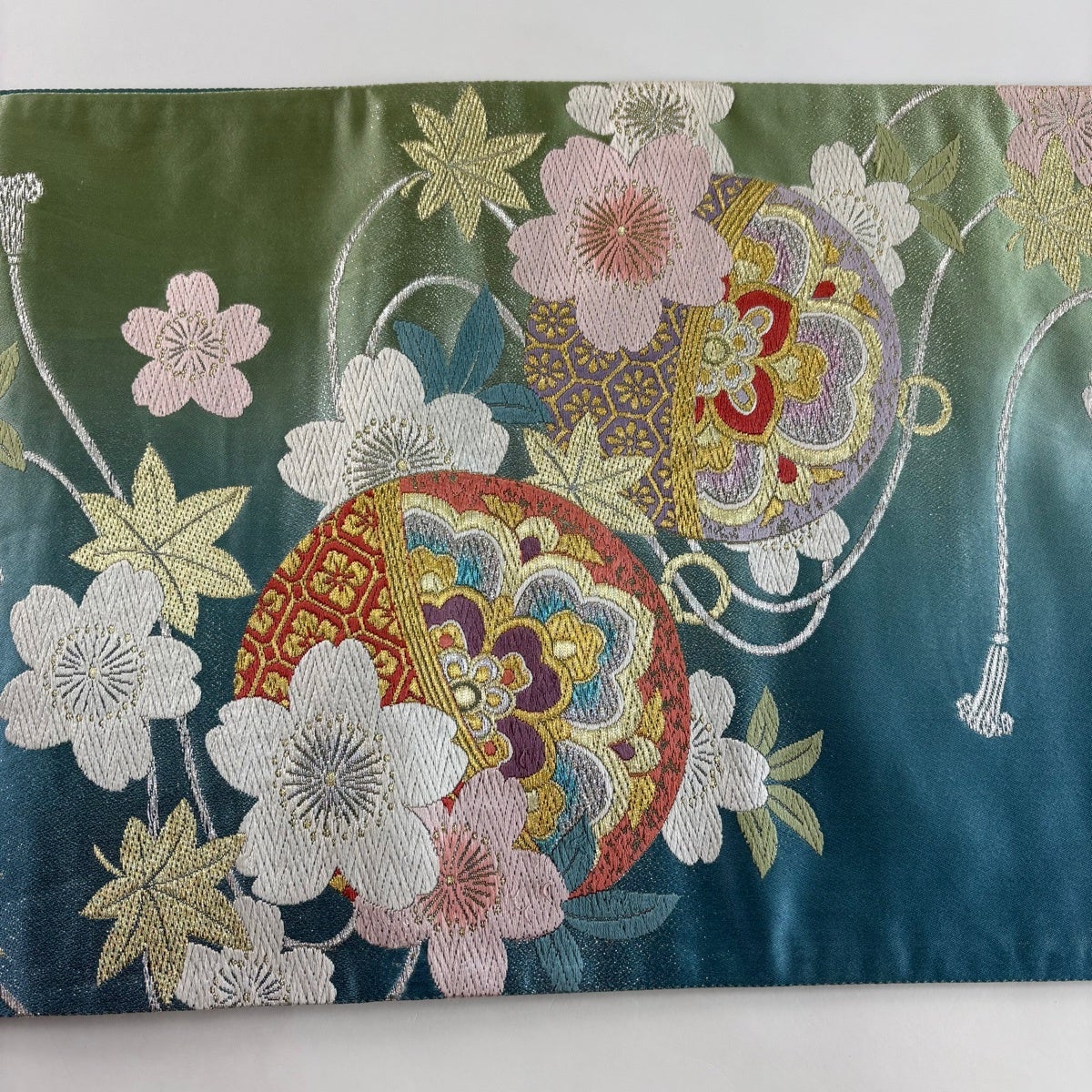 袋帯 秀品 鈴 桜 金銀糸 箔 青緑 六通 正絹｜中古・古着・リサイクル