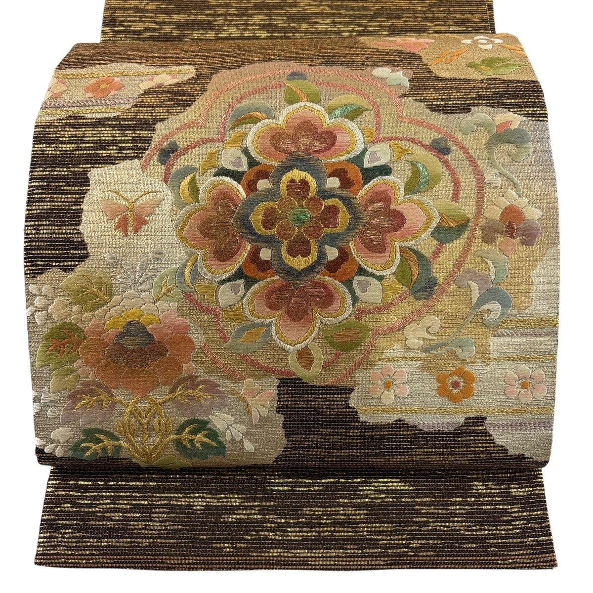美品】 袋帯 秀品 華文 草花 金銀彩 箔 金茶 お太鼓柄 正絹｜中古