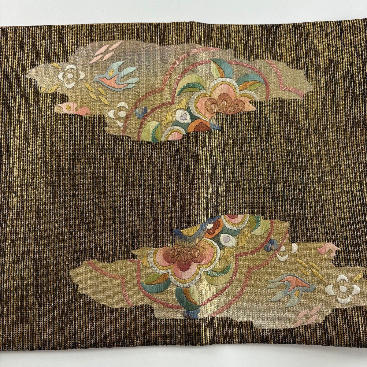 美品】 袋帯 秀品 華文 草花 金銀彩 箔 金茶 お太鼓柄 正絹｜中古