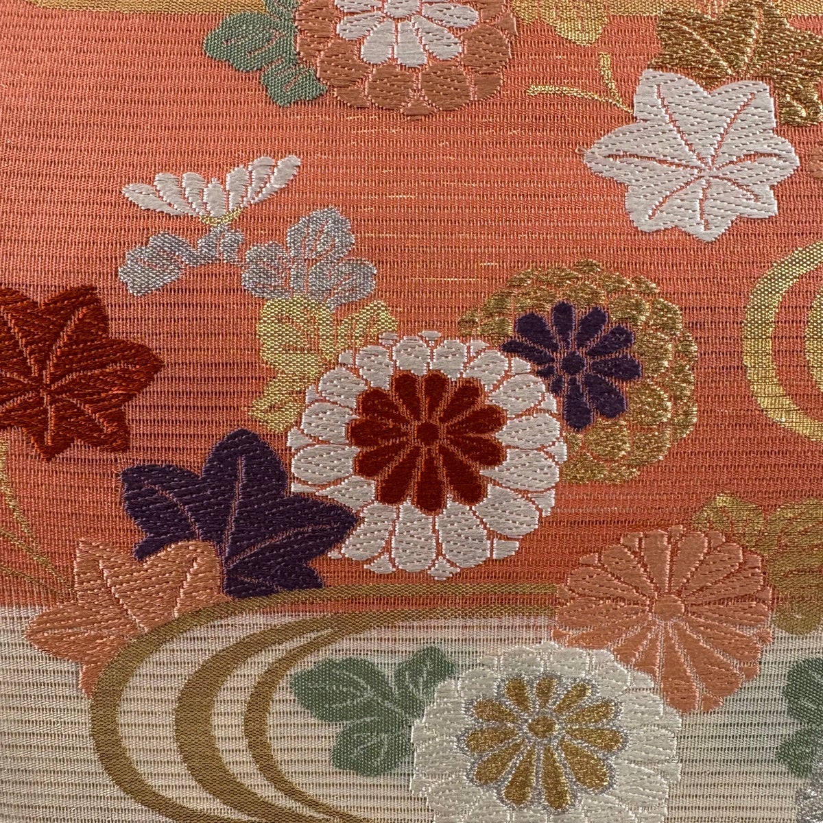 美品】 袋帯 秀品 夏帯 絽 菊 観世水 金銀糸 箔 オレンジ 六通 正絹