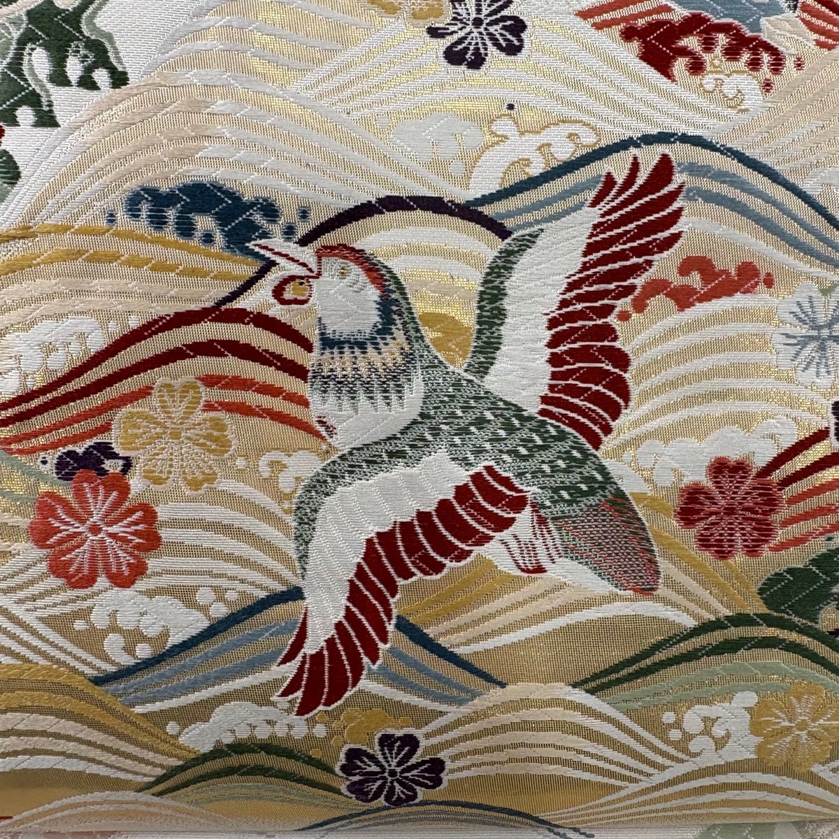 袋帯 秀品 関西仕立て 九百錦純金箔24k 鳥 枝垂れ桜 箔 ベージュ 六通