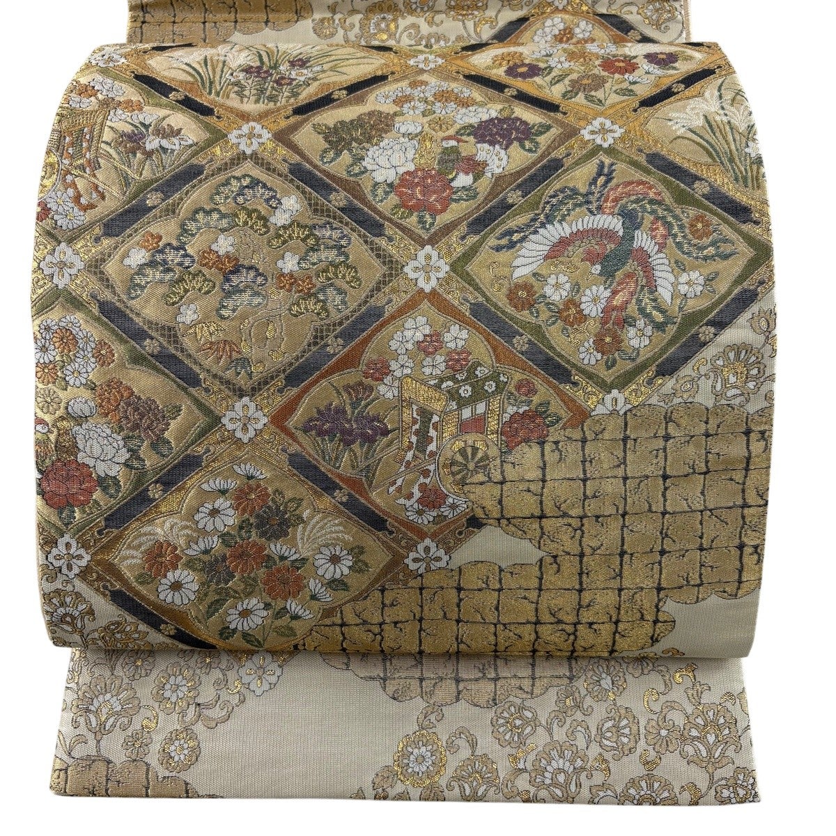 美品】 袋帯 秀品 花菱御所文 花鳥 箔 金糸 金色 六通 正絹｜中古