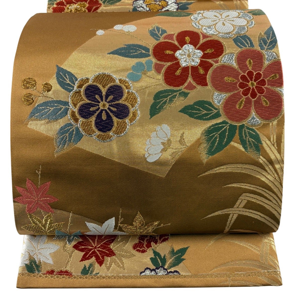 美品】 袋帯 秀品 草花 扇面 金銀糸 箔 山吹茶色 六通 正絹｜中古