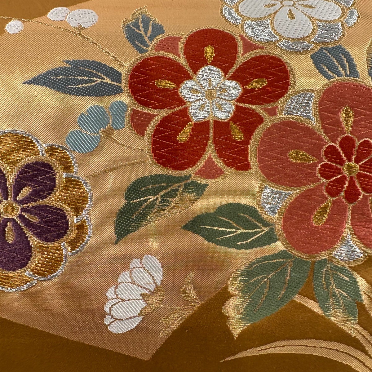 美品】 袋帯 秀品 草花 扇面 金銀糸 箔 山吹茶色 六通 正絹｜中古