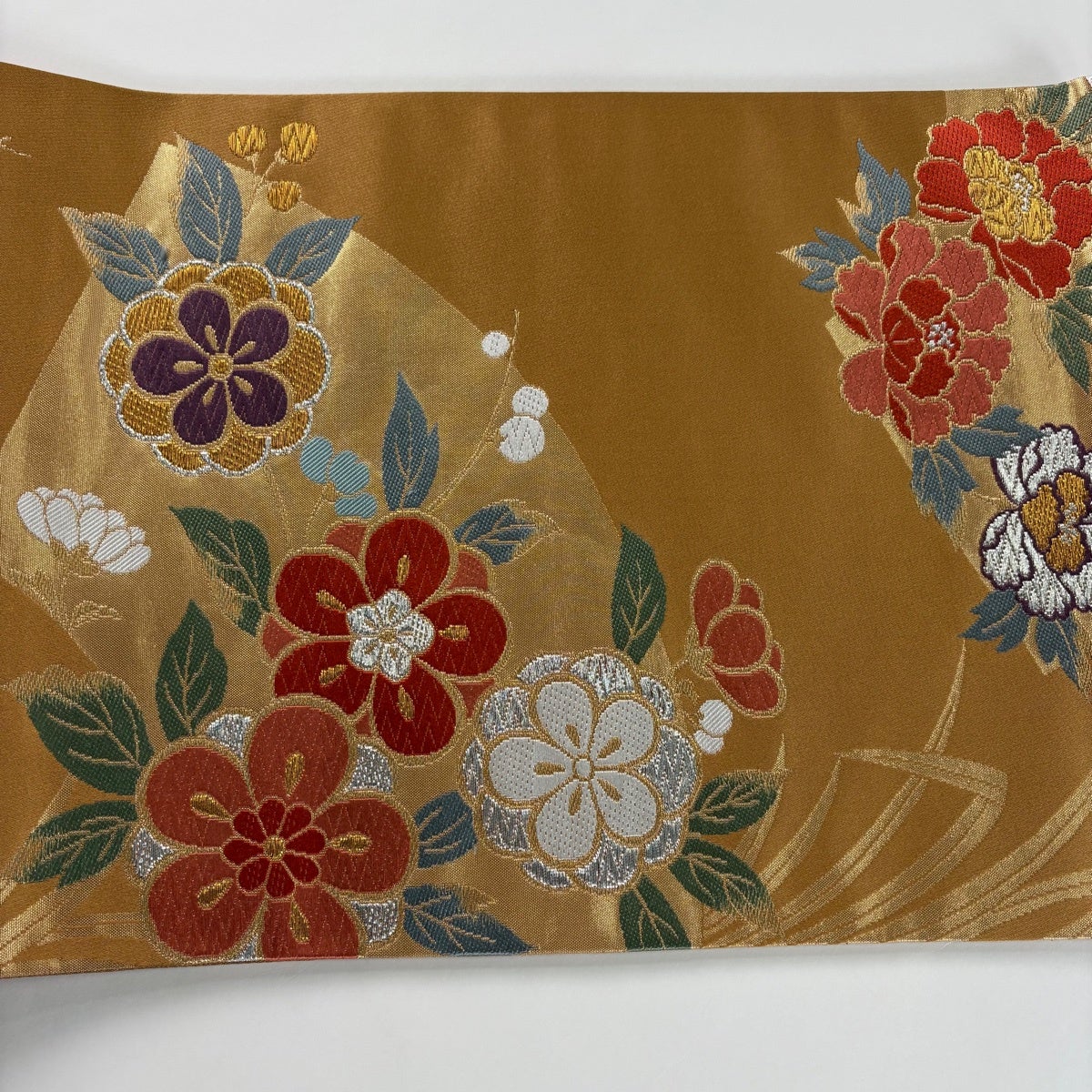 美品】 袋帯 秀品 草花 扇面 金銀糸 箔 山吹茶色 六通 正絹｜中古