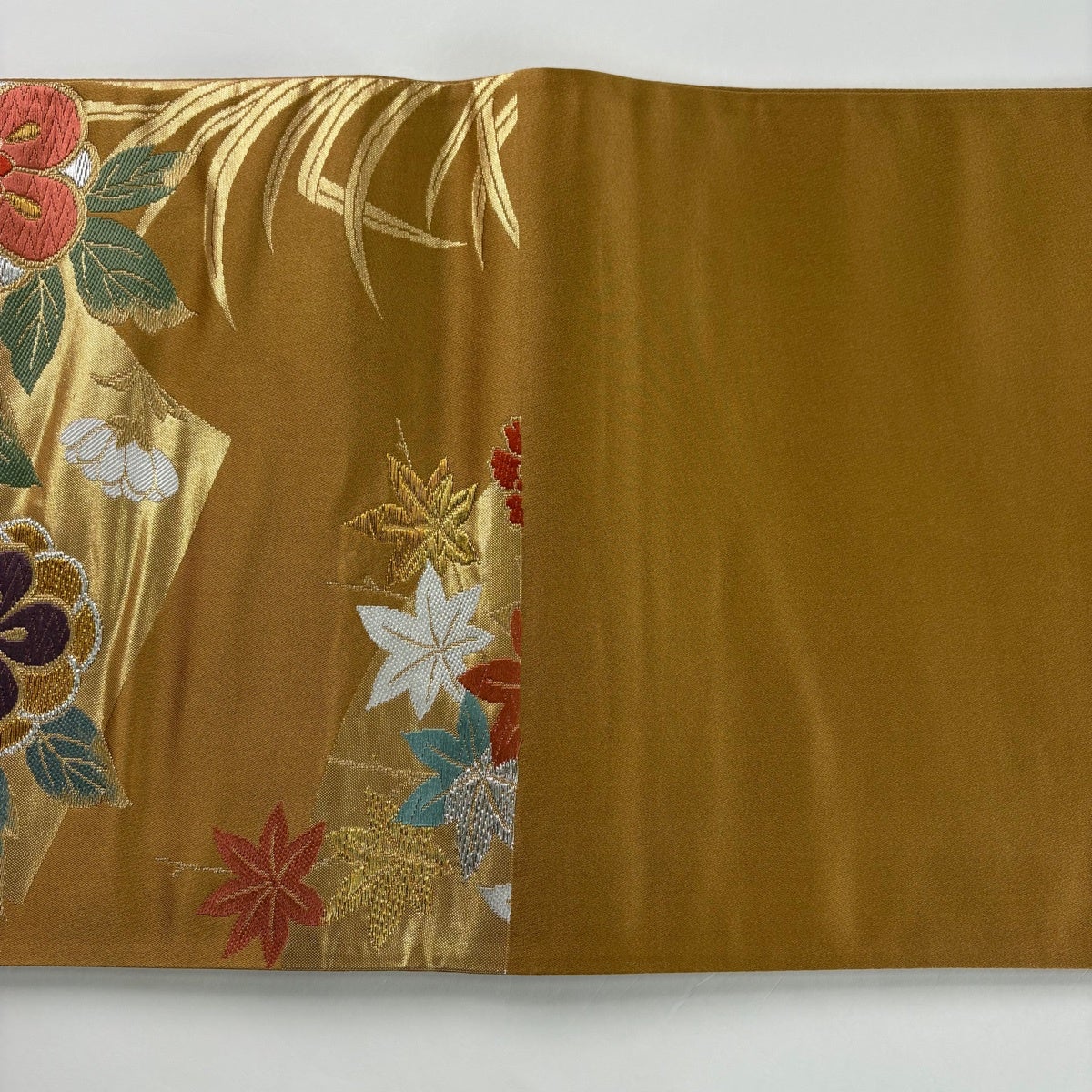 美品】 袋帯 秀品 草花 扇面 金銀糸 箔 山吹茶色 六通 正絹｜中古
