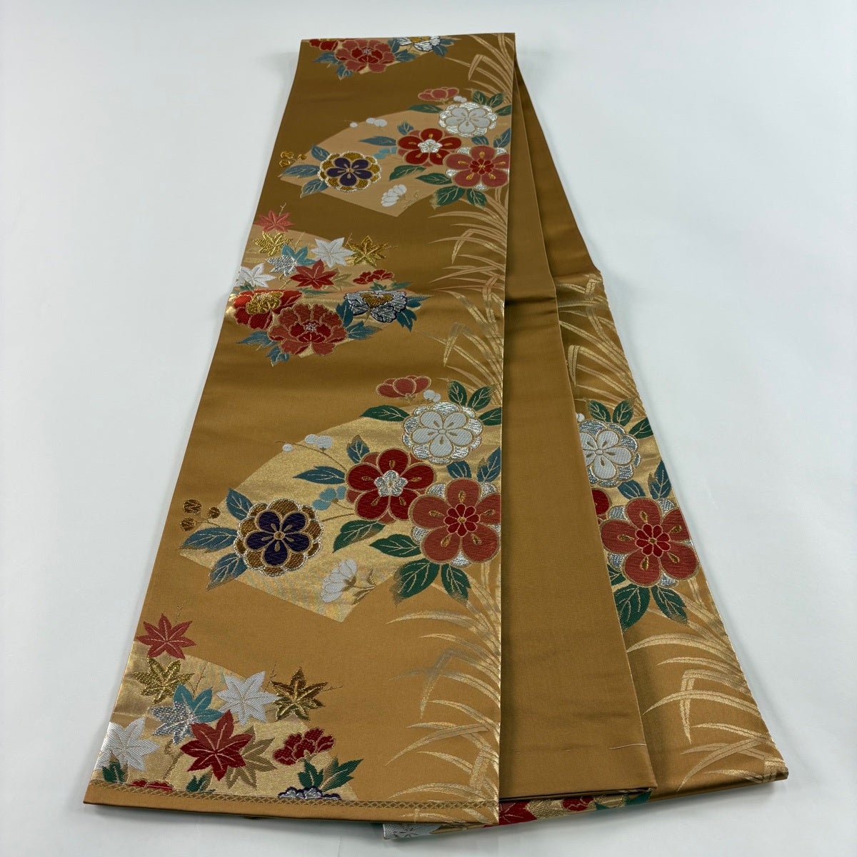 美品】 袋帯 秀品 草花 扇面 金銀糸 箔 山吹茶色 六通 正絹｜中古