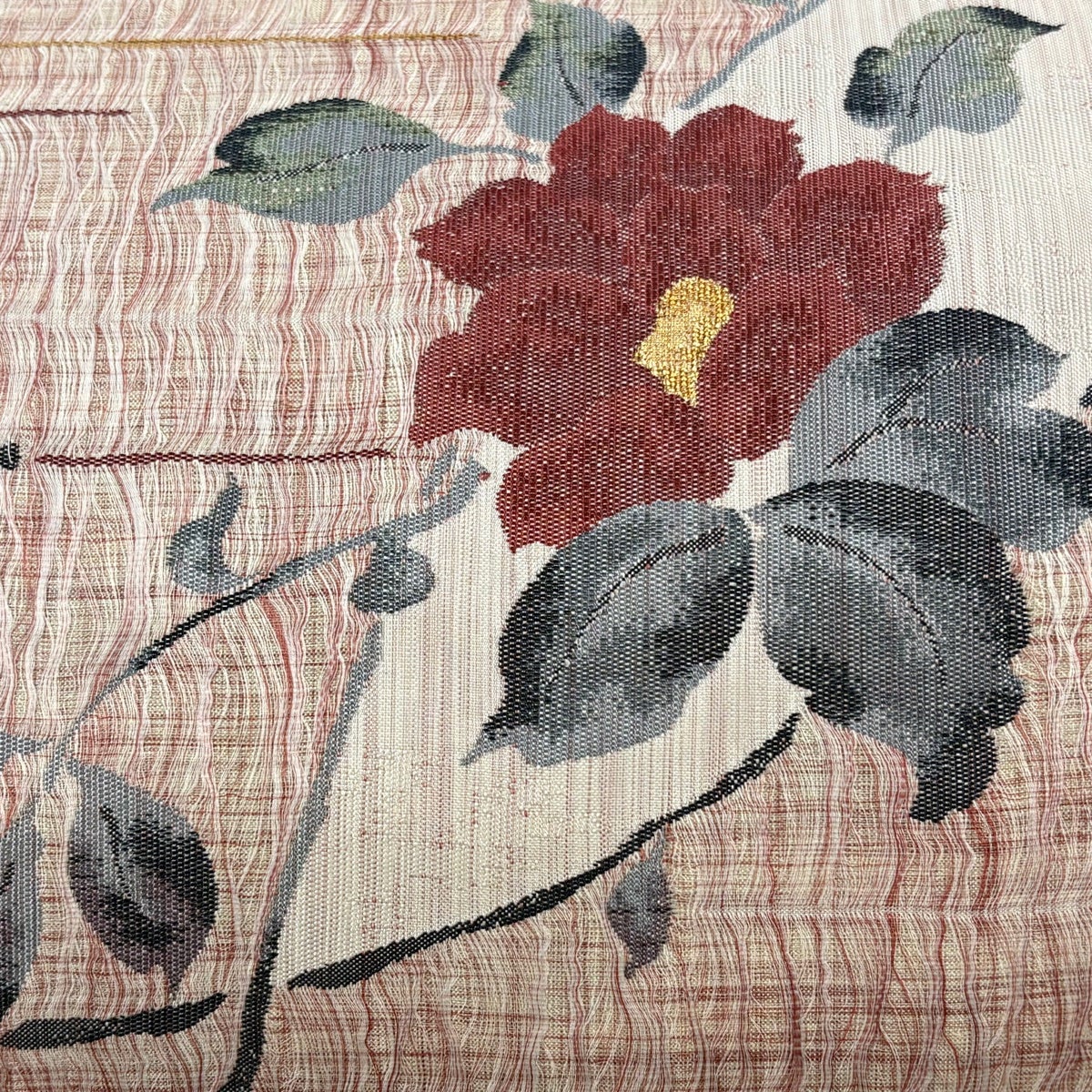 美品】 袋帯 秀品 椿 銀通し 箔 ピンク お太鼓柄 正絹｜中古・古着
