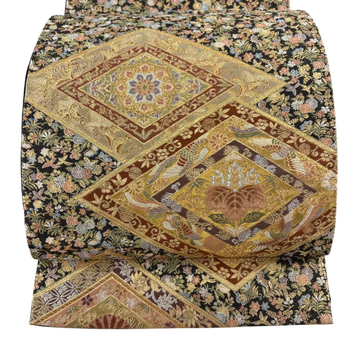 美品】 袋帯 秀品 菱 花鳥 金銀糸 箔 金色 お太鼓柄 正絹｜中古・古着