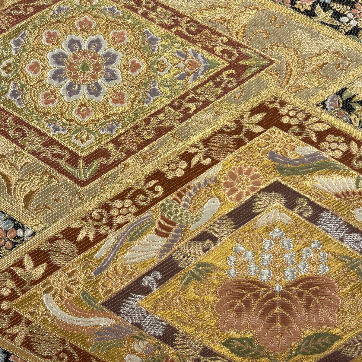 美品】 袋帯 秀品 菱 花鳥 金銀糸 箔 金色 お太鼓柄 正絹｜中古・古着