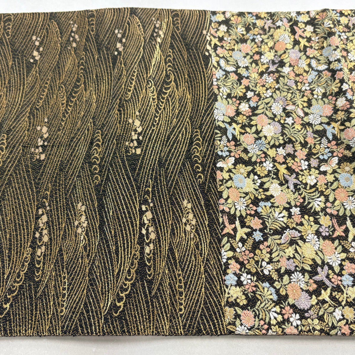 美品】 袋帯 秀品 菱 花鳥 金銀糸 箔 金色 お太鼓柄 正絹｜中古・古着