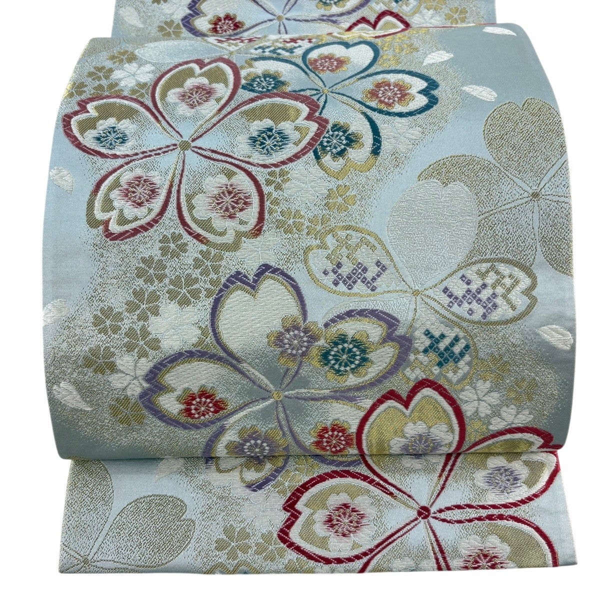 桜柄　袋帯　蘇州刺繍 パールトン加工済　箔 六通柄 美品】 袋帯 秀品 振袖向き 桜 金糸 箔 水色 六通 正絹｜中古・古着