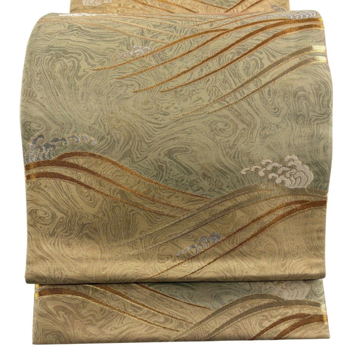 m520 墨流し　金彩　六通　正絹　袋帯 在庫一掃】 【美品】 袋帯 秀品 鈴乃屋 波頭 墨流し 金銀糸 ベージュ