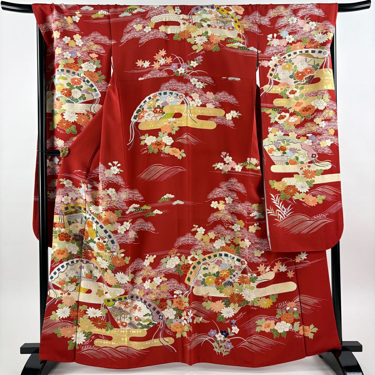 振袖 身丈165cm 裄丈69cm L 袷 千總 落款あり 菊 檜扇 金糸 刺繍 赤