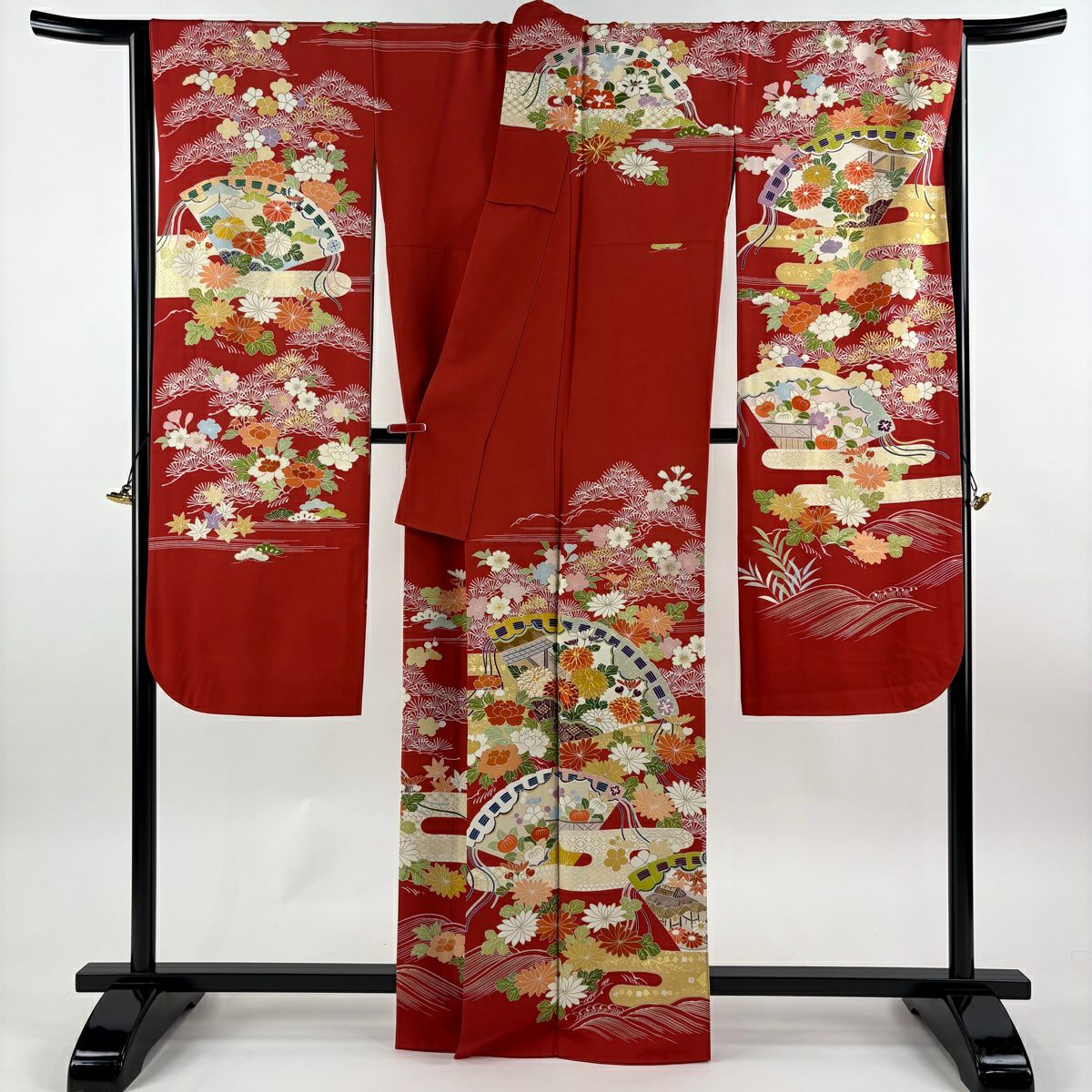 振袖 身丈165cm 裄丈69cm L 袷 千總 落款あり 菊 檜扇 金糸 刺繍 赤