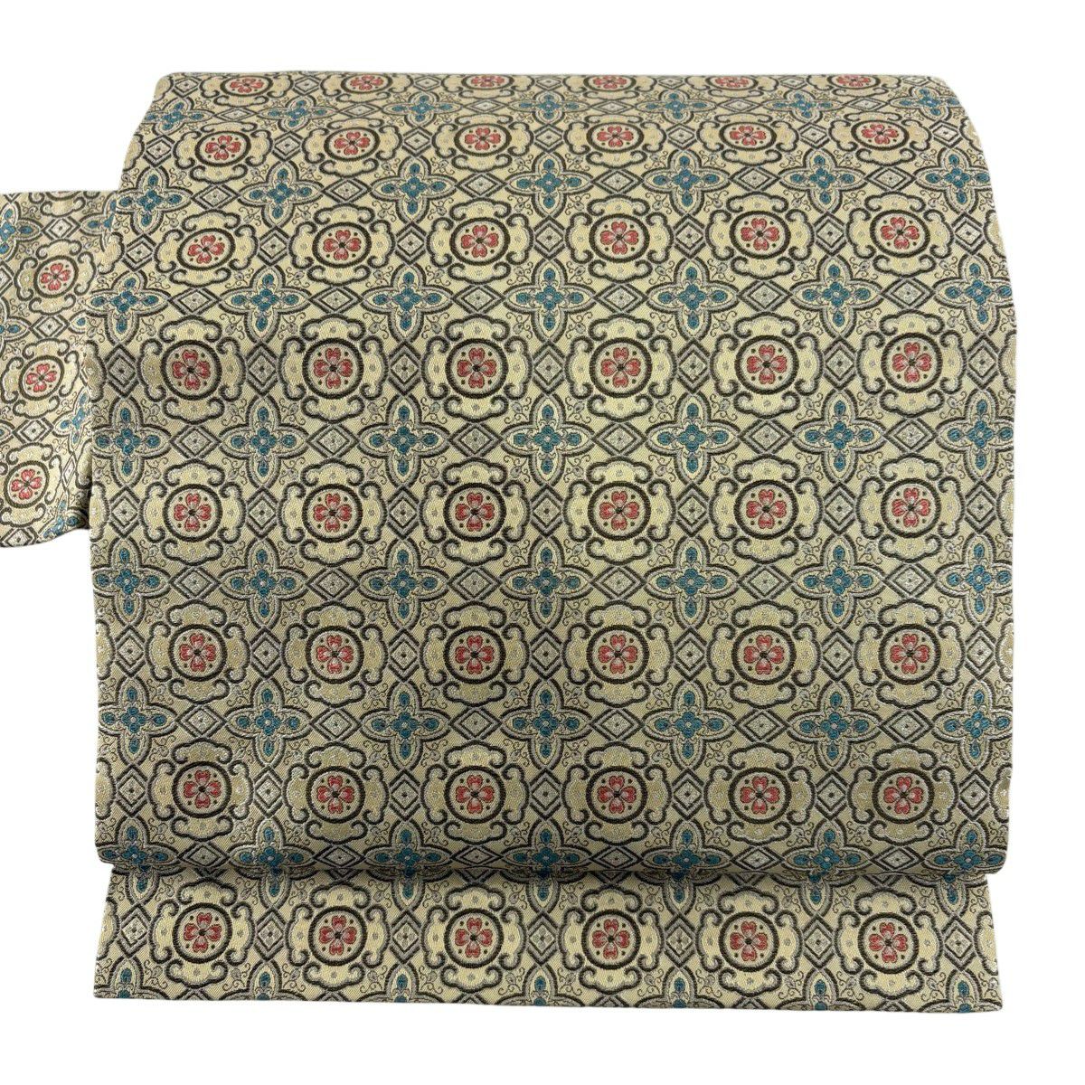 美品】 名古屋帯 秀品 八寸名古屋帯 夏帯 笹 ベージュ 正絹｜中古