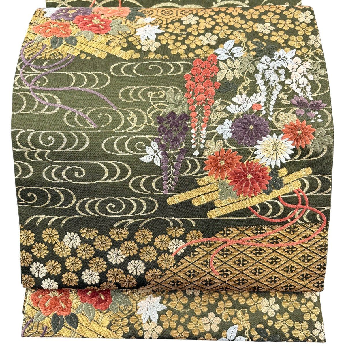 美品】 袋帯 秀品 能衣花筏文 草花 有職文様 唐織 金銀糸 焦茶色 六通