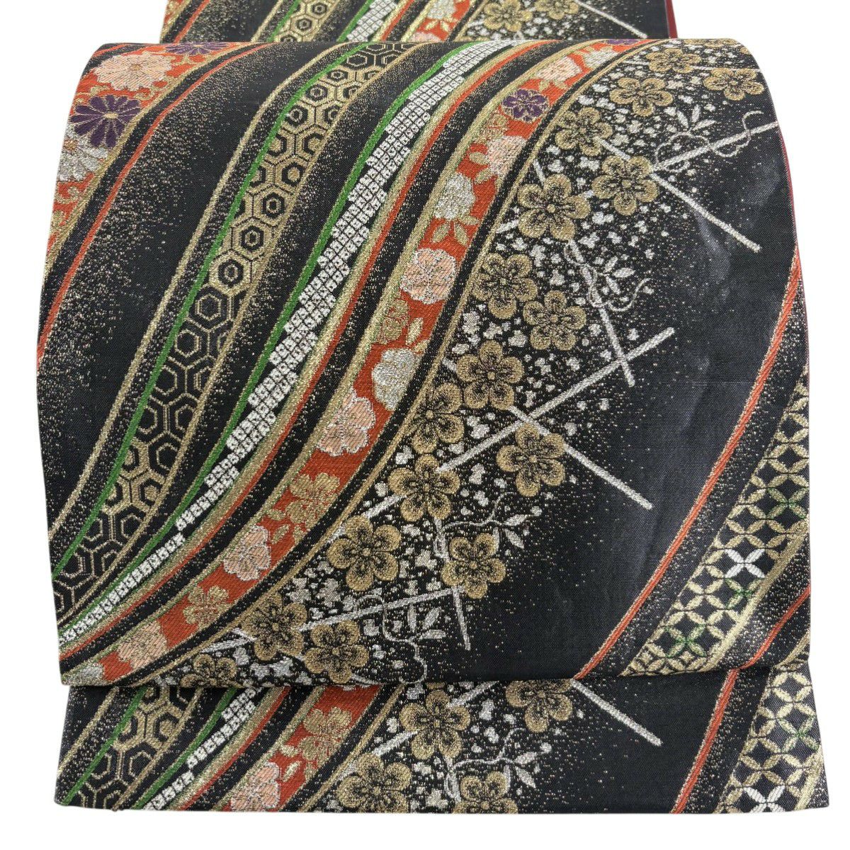 袋帯 秀品 七宝華文 金銀糸 唐織 黒 六通 正絹｜中古・古着