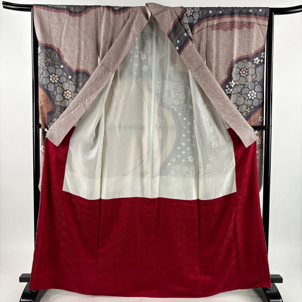 美品】 振袖 身丈166.5cm 裄丈67cm M 袷 花 霞 総絞り 金彩 薄小豆