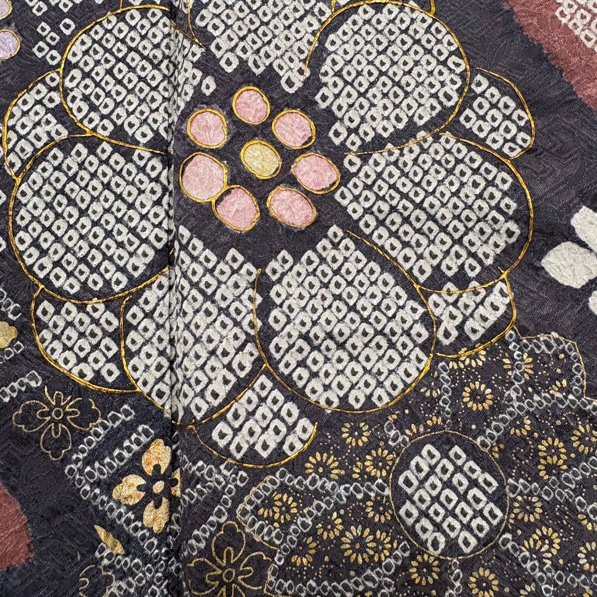 美品】 振袖 身丈166.5cm 裄丈67cm M 袷 花 霞 総絞り 金彩 薄小豆