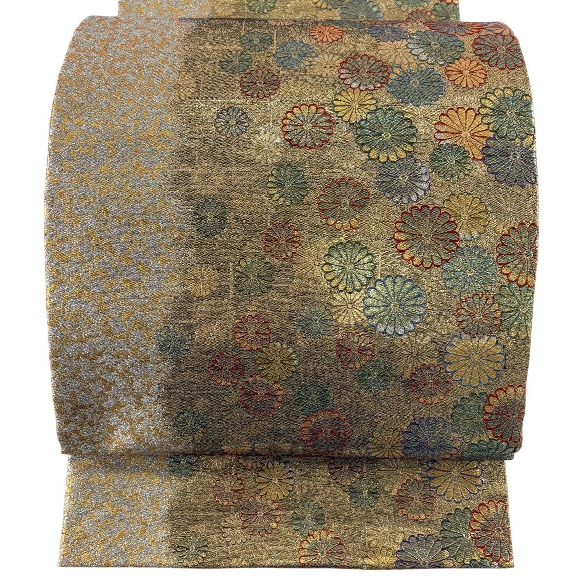 袋帯 秀品 彩波全通 草花 紗綾形 金糸 箔 赤 全通 正絹｜中古・古着
