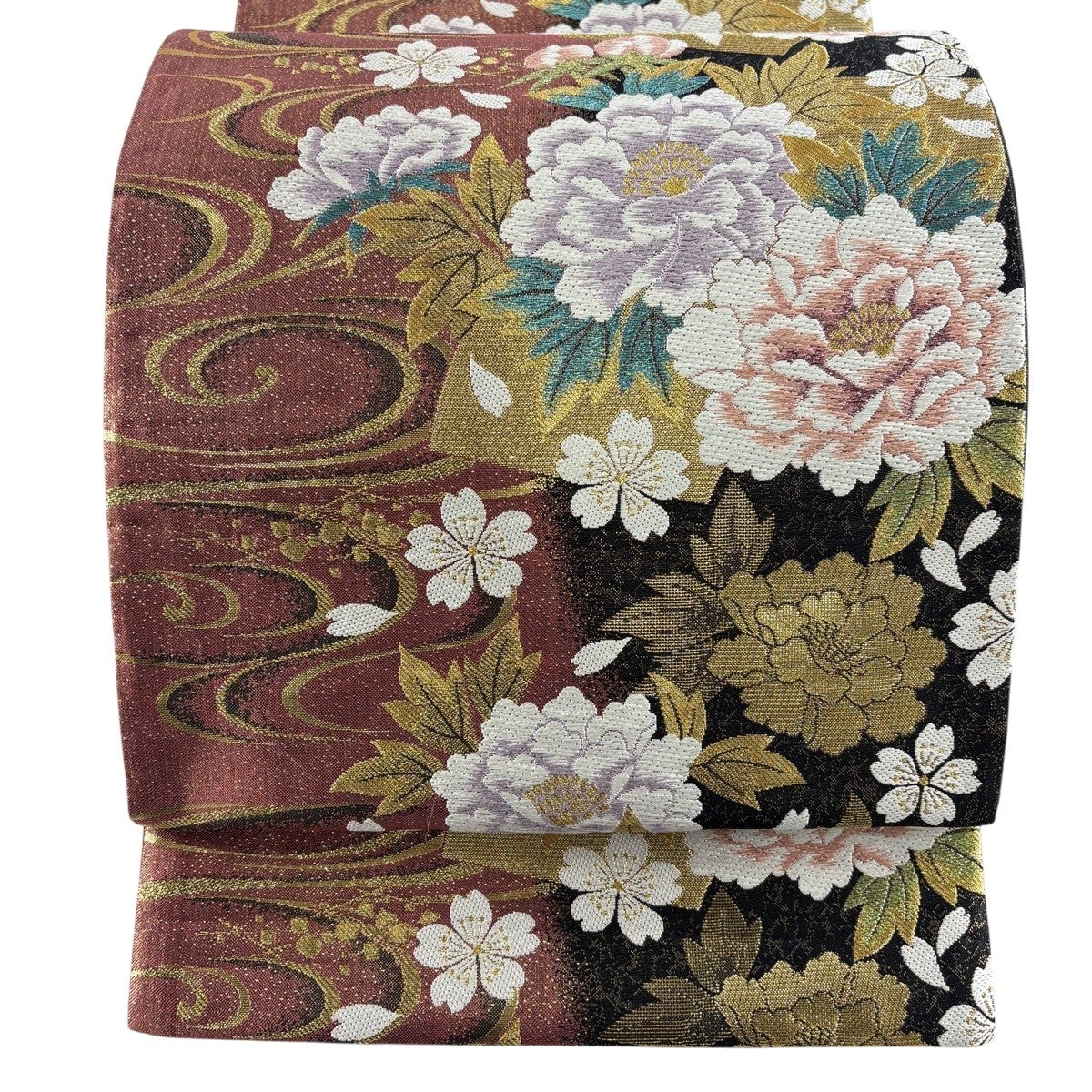 美品】 袋帯 秀品 牡丹 孔雀 唐織 箔 青灰色 六通 正絹｜中古・古着