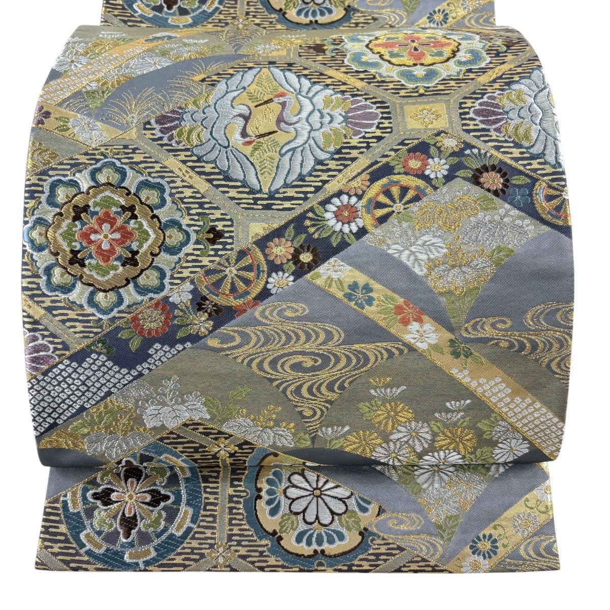美品】 袋帯 秀品 華文 向かい鳥 金銀糸 箔 金色 六通 正絹 【中古】