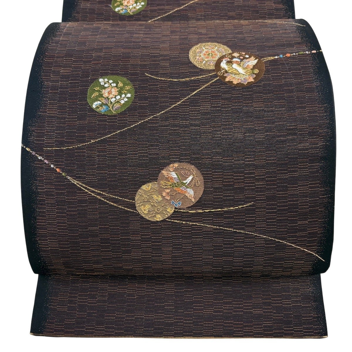 美品】袋帯 名品 CLUB mola 花鳥 魚 箔 金銀糸 赤茶 六通 正絹｜中古