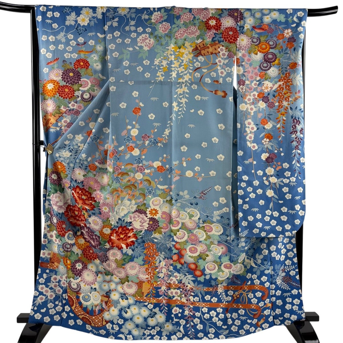 振袖 身丈166.5cm 裄丈66cm M 袷 花車 牡丹 ぼかし 水色 正絹 名品
