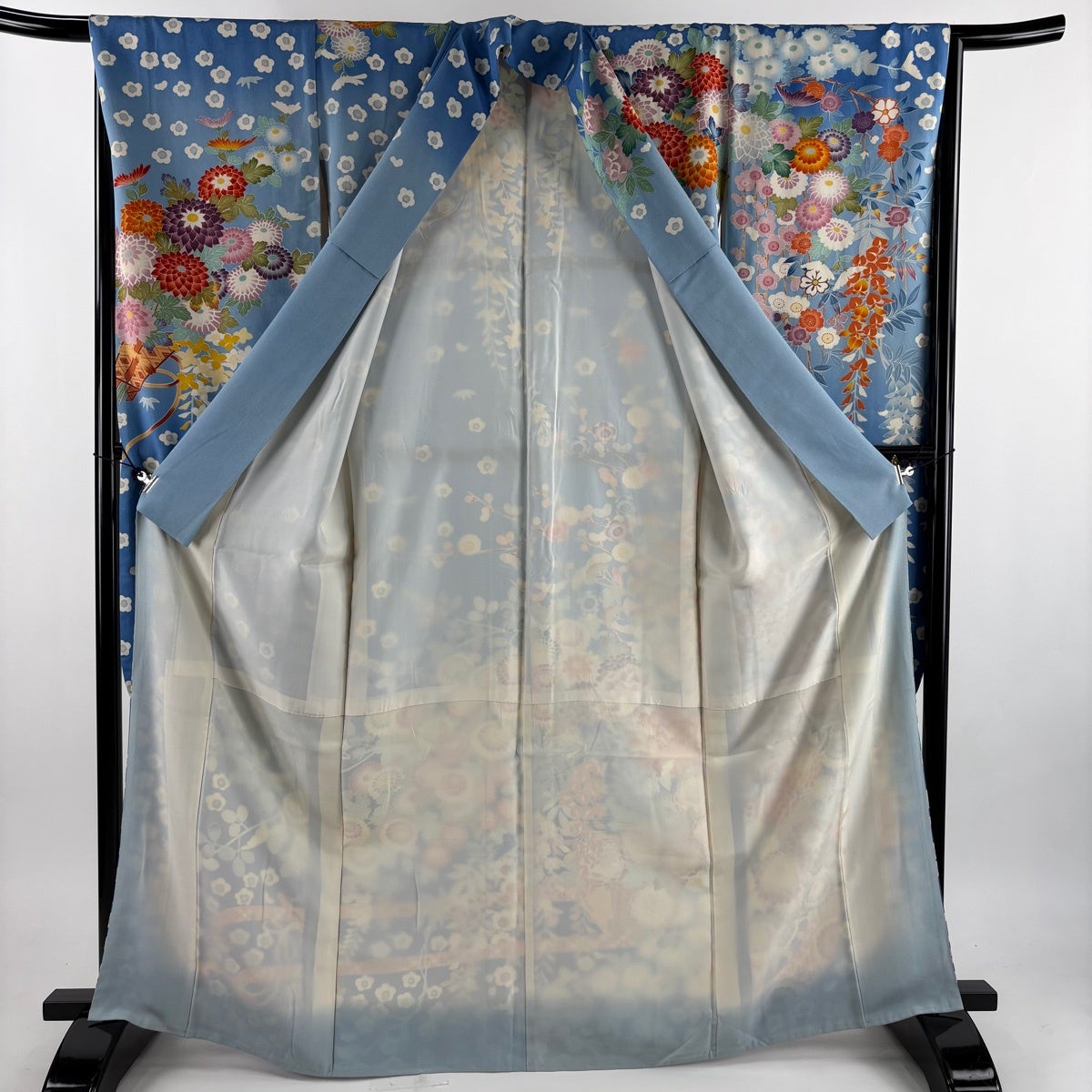 振袖 身丈166.5cm 裄丈66cm M 袷 花車 牡丹 ぼかし 水色 正絹 名品