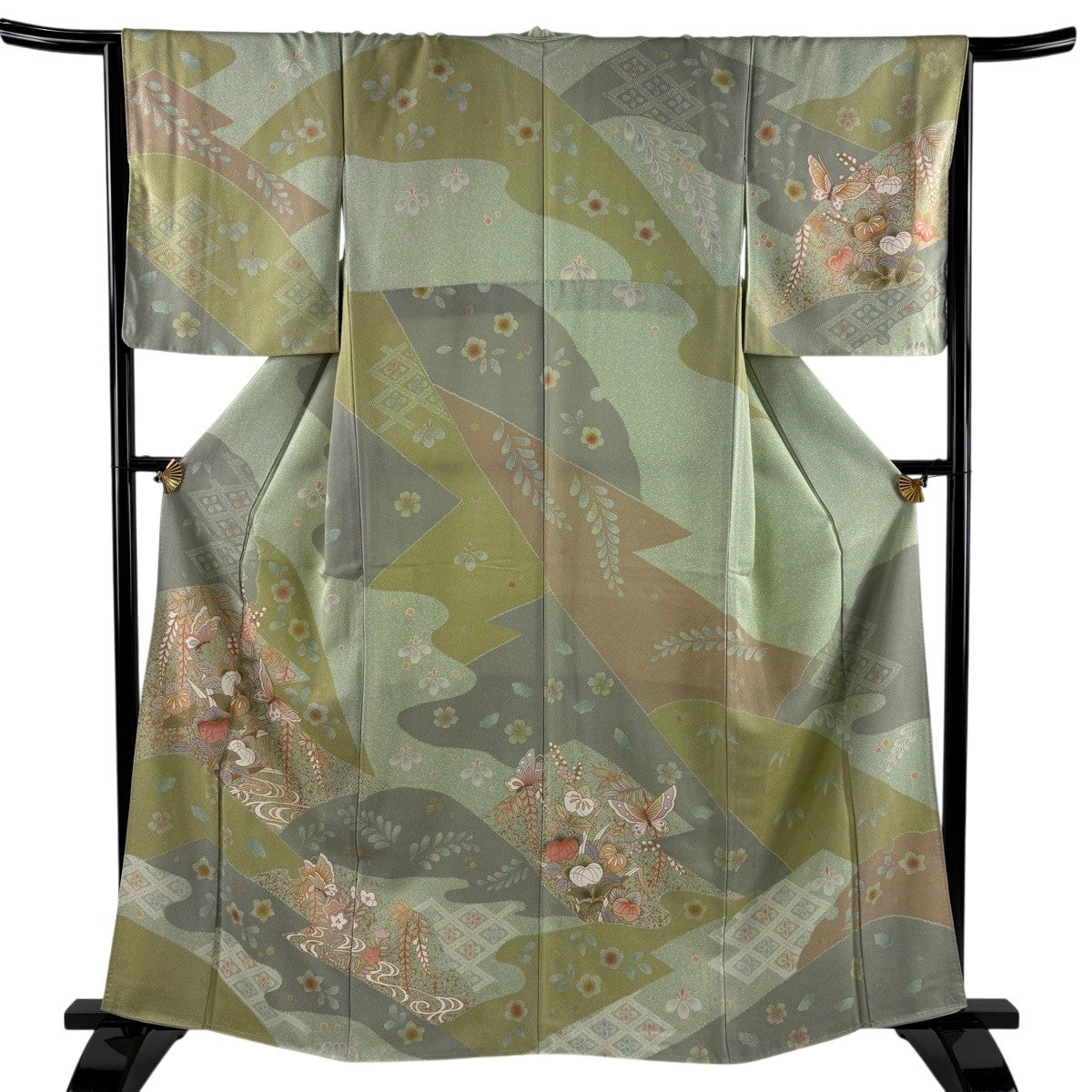訪問着 身丈162cm 裄丈65.5cm M 袷 蝶 橘 金彩 薄緑 正絹 名品｜中古