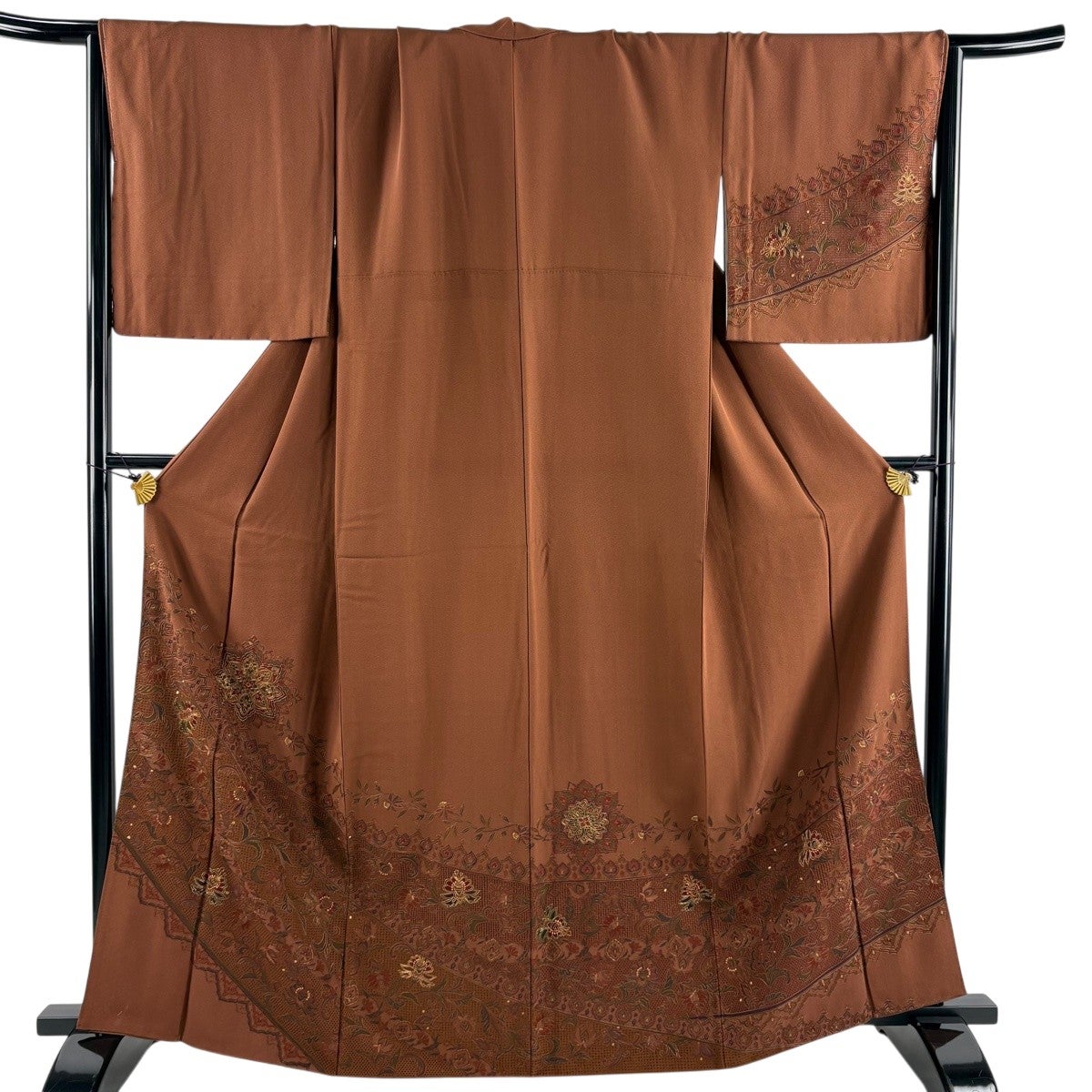 美品】 訪問着 身丈161cm 裄丈68cm L 袷 落款あり 松 波 絞り 金彩 茶