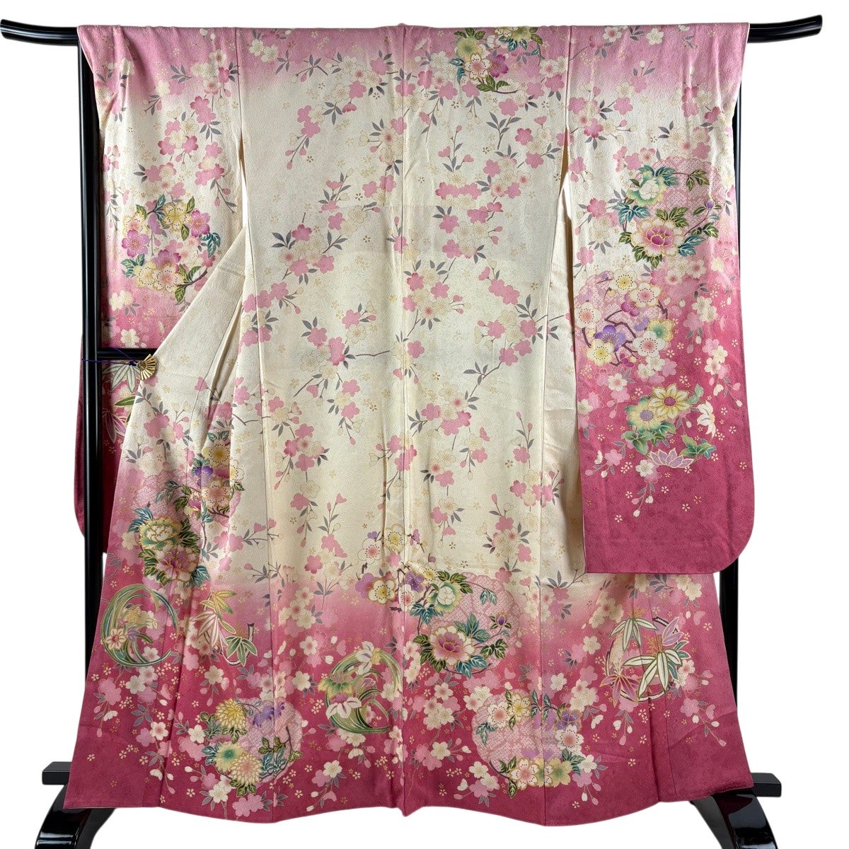 振袖 身丈162cm 裄丈69cm L 袷 花丸文 草花 金通し 金彩 ベージュ 正絹