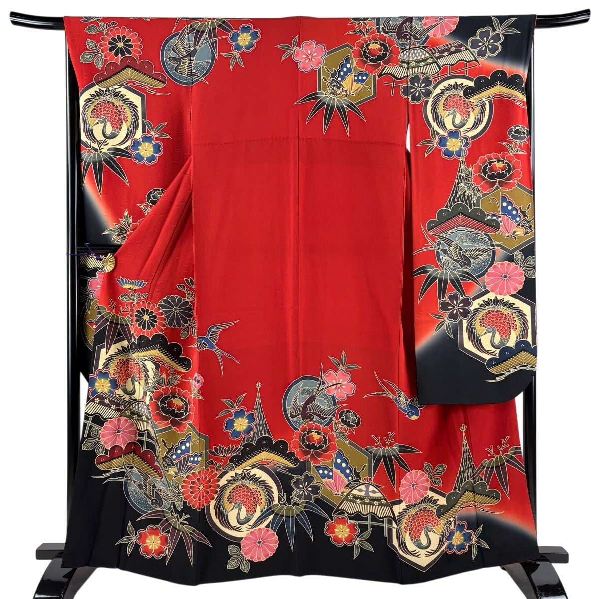 振袖 身丈157cm 裄丈63cm S 袷 御所車 草花 金糸 金彩 赤 正絹 秀品