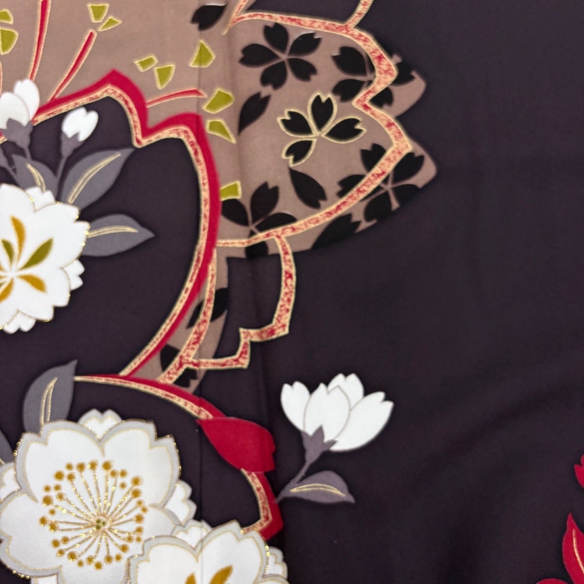 振袖 身丈168.5cm 裄丈69cm L 袷 桜 金彩 箔 茶紫 正絹 名品｜中古